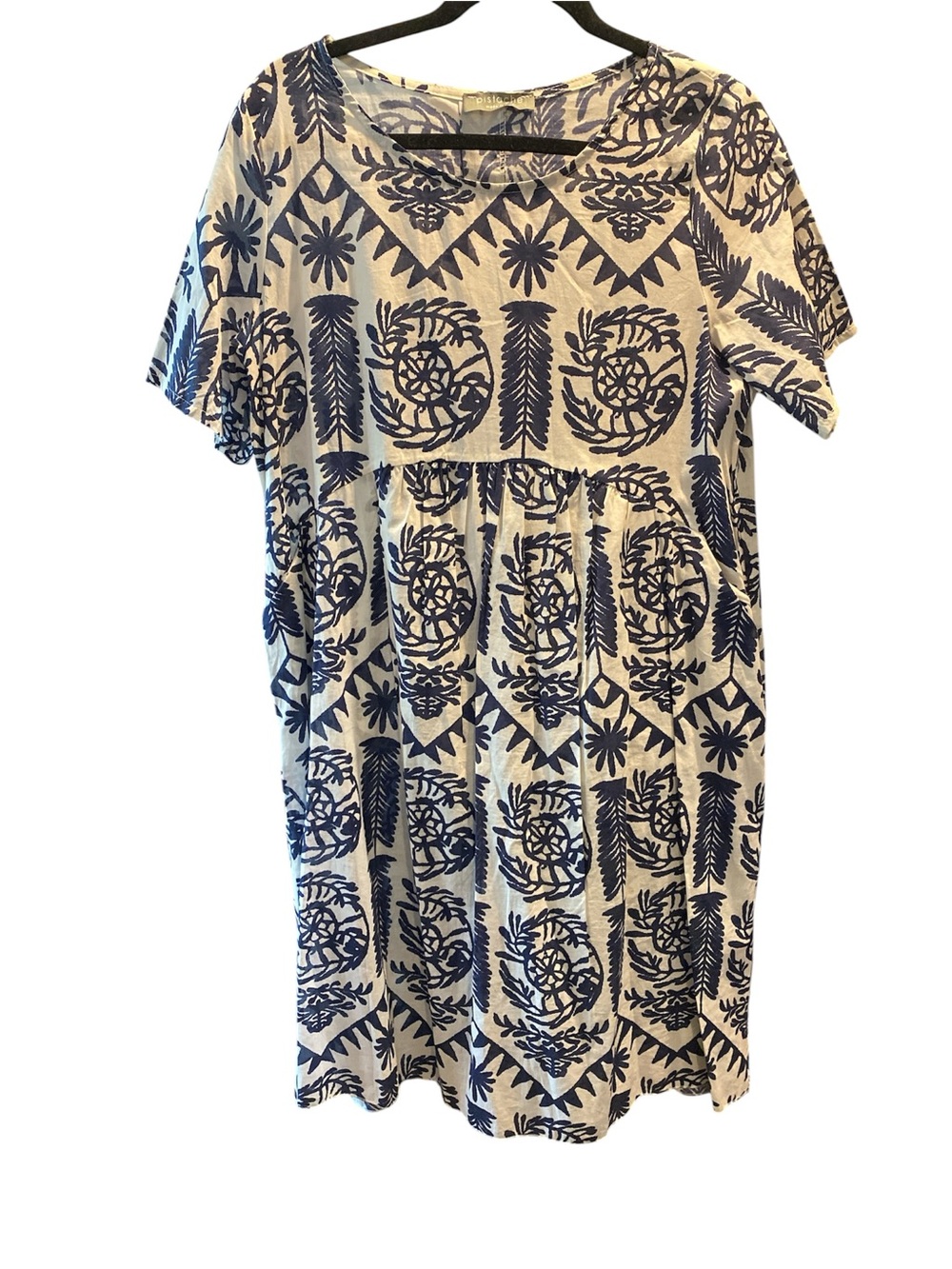 Pistache Cream with Navy Pattern Short Sleeve Cotton Dress Size Large